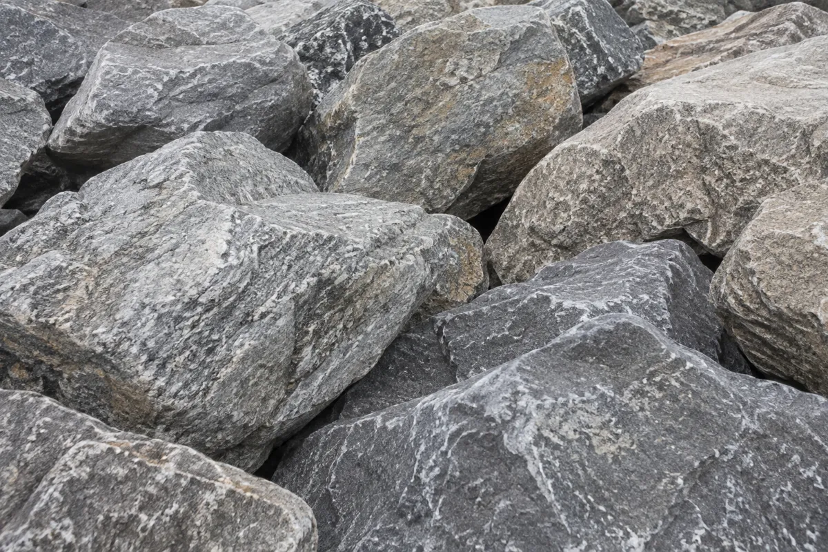 Close-up of large angular rock armour boulders
