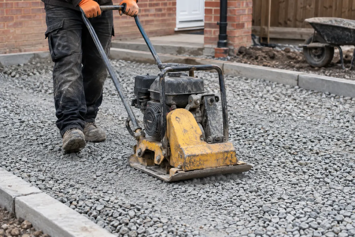 Close-up of a plate compactor working on MOT Type 1 sub-base